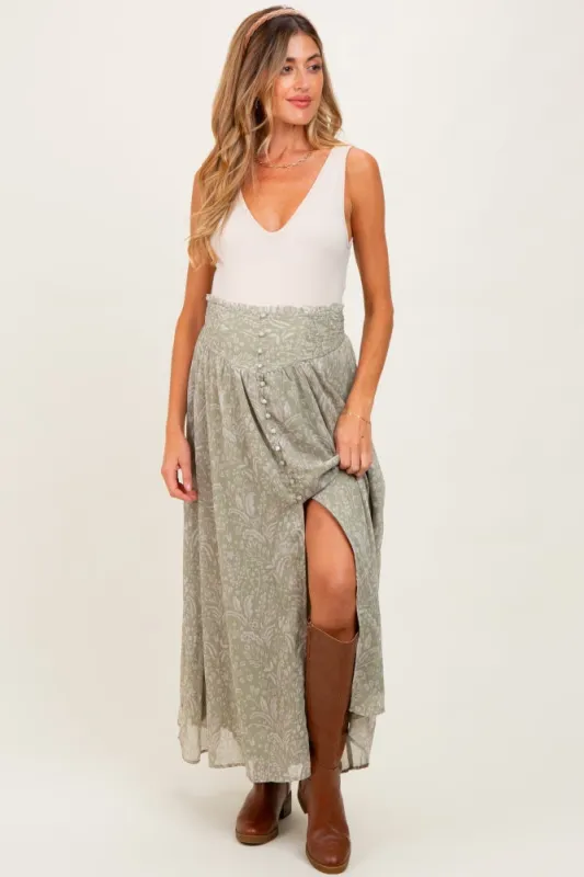 Light Olive Floral Chiffon Button Detail Maternity Maxi Skirt sold by Pinkblush