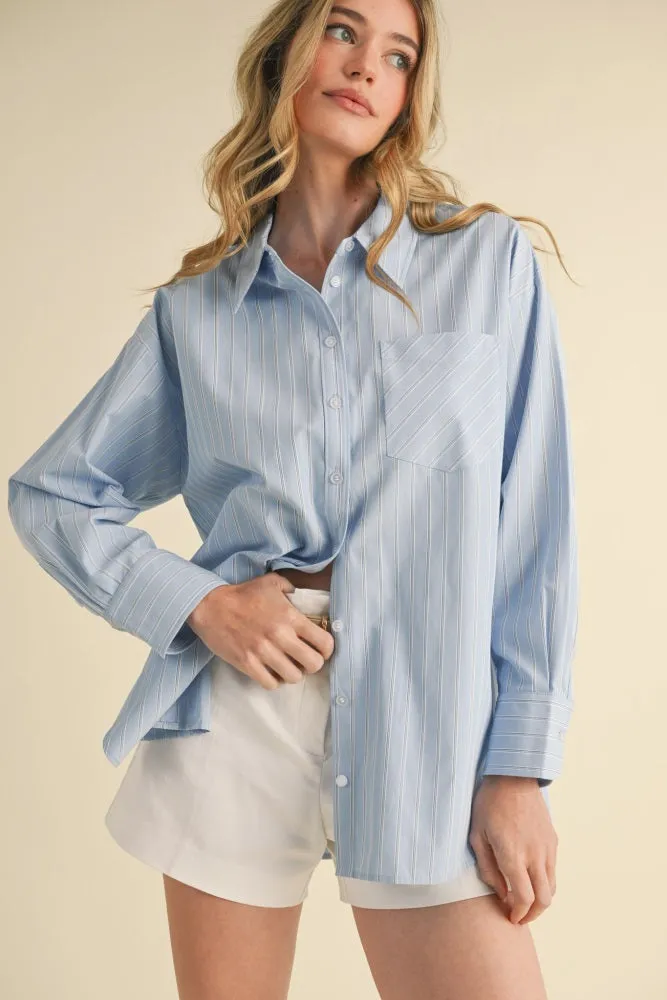 Light Blue Striped Button Down Oversized Maternity Shirt sold by Pinkblush product image thumbnail 4