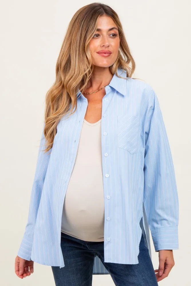 Light Blue Striped Button Down Oversized Maternity Shirt sold by Pinkblush