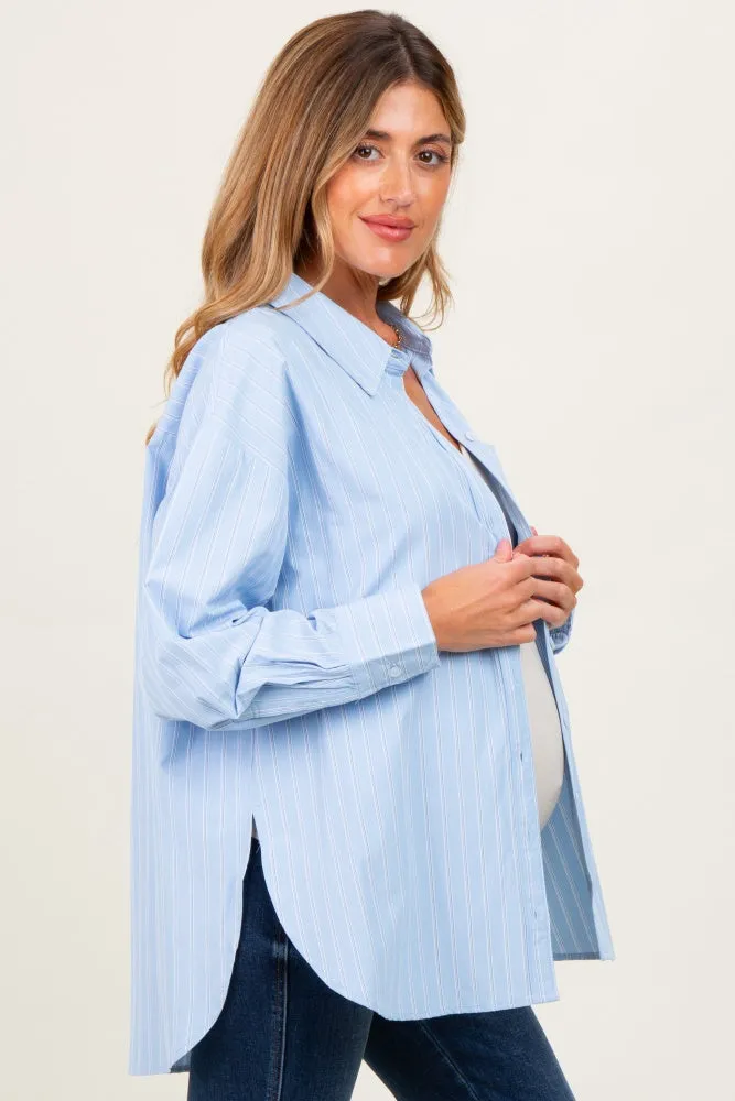 Light Blue Striped Button Down Oversized Maternity Shirt sold by Pinkblush product image thumbnail 2
