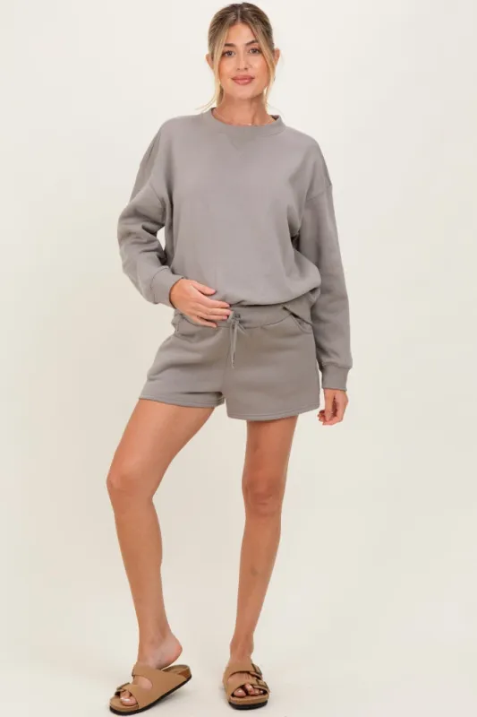 Taupe Fleece Sweatshirt Shorts Maternity Set sold by Pinkblush