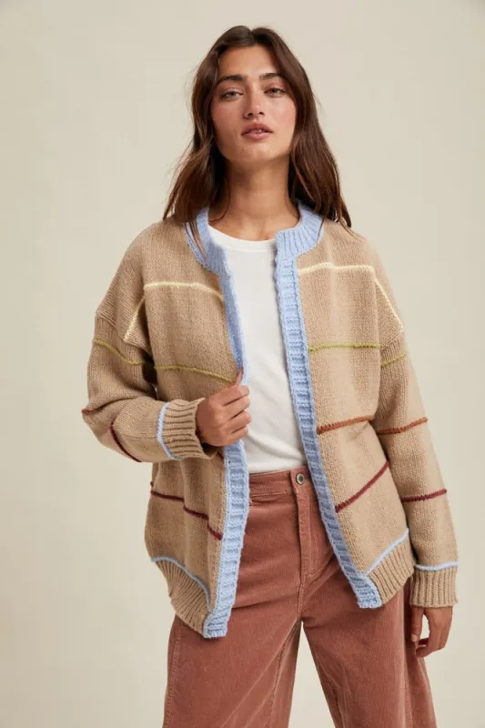 Beige Multicolor Stripe Chunky Knit Cardigan sold by Pinkblush