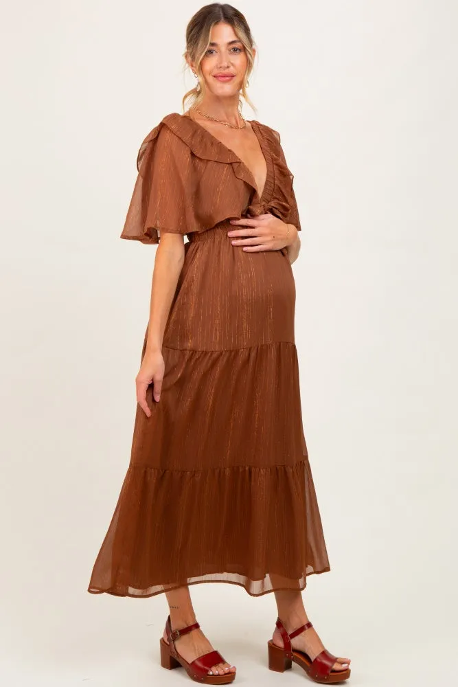 Brown Metallic Chiffon Ruffle V-Neck Maternity Midi Dress sold by Pinkblush product image thumbnail 3