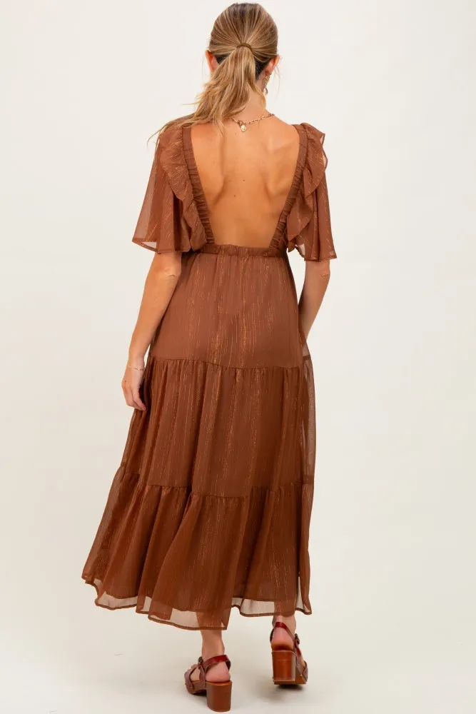 Brown Metallic Chiffon Ruffle V-Neck Maternity Midi Dress sold by Pinkblush product image thumbnail 4