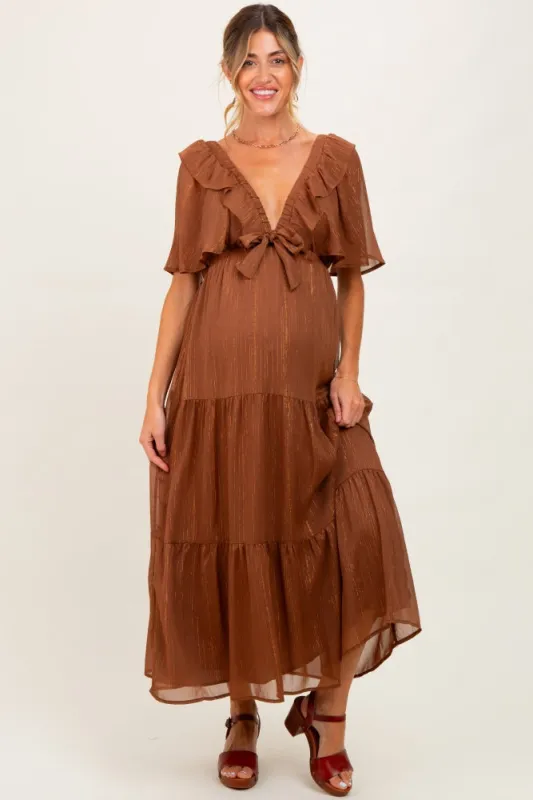 Brown Metallic Chiffon Ruffle V-Neck Maternity Midi Dress sold by Pinkblush