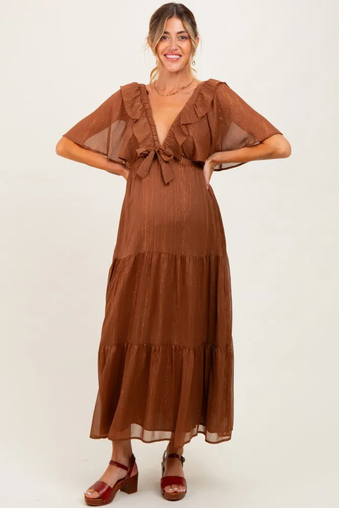 Brown Metallic Chiffon Ruffle V-Neck Maternity Midi Dress sold by Pinkblush product image thumbnail 2