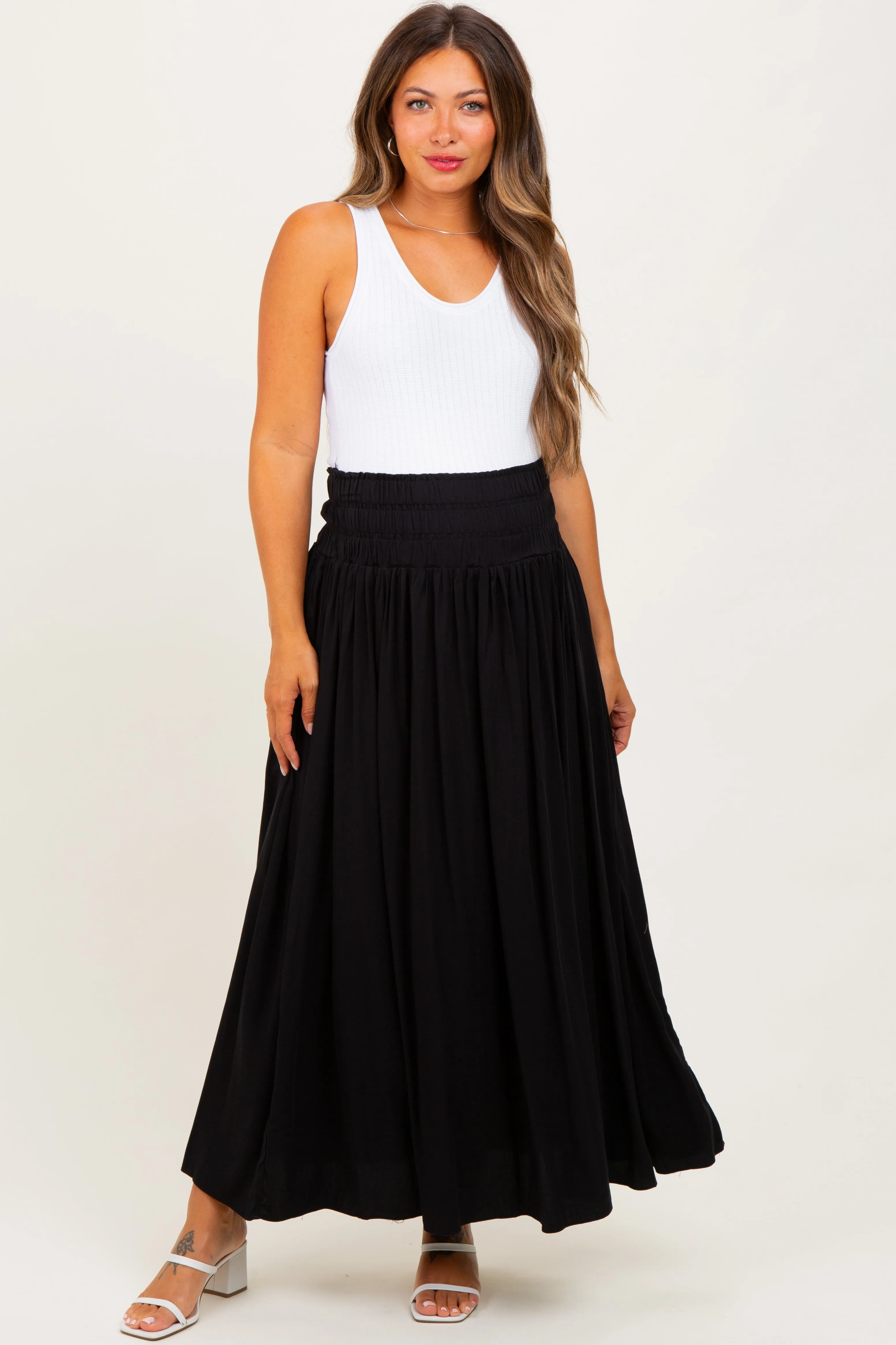 Black Smocked Waistband Pleated Maternity Maxi Skirt sold by Pinkblush