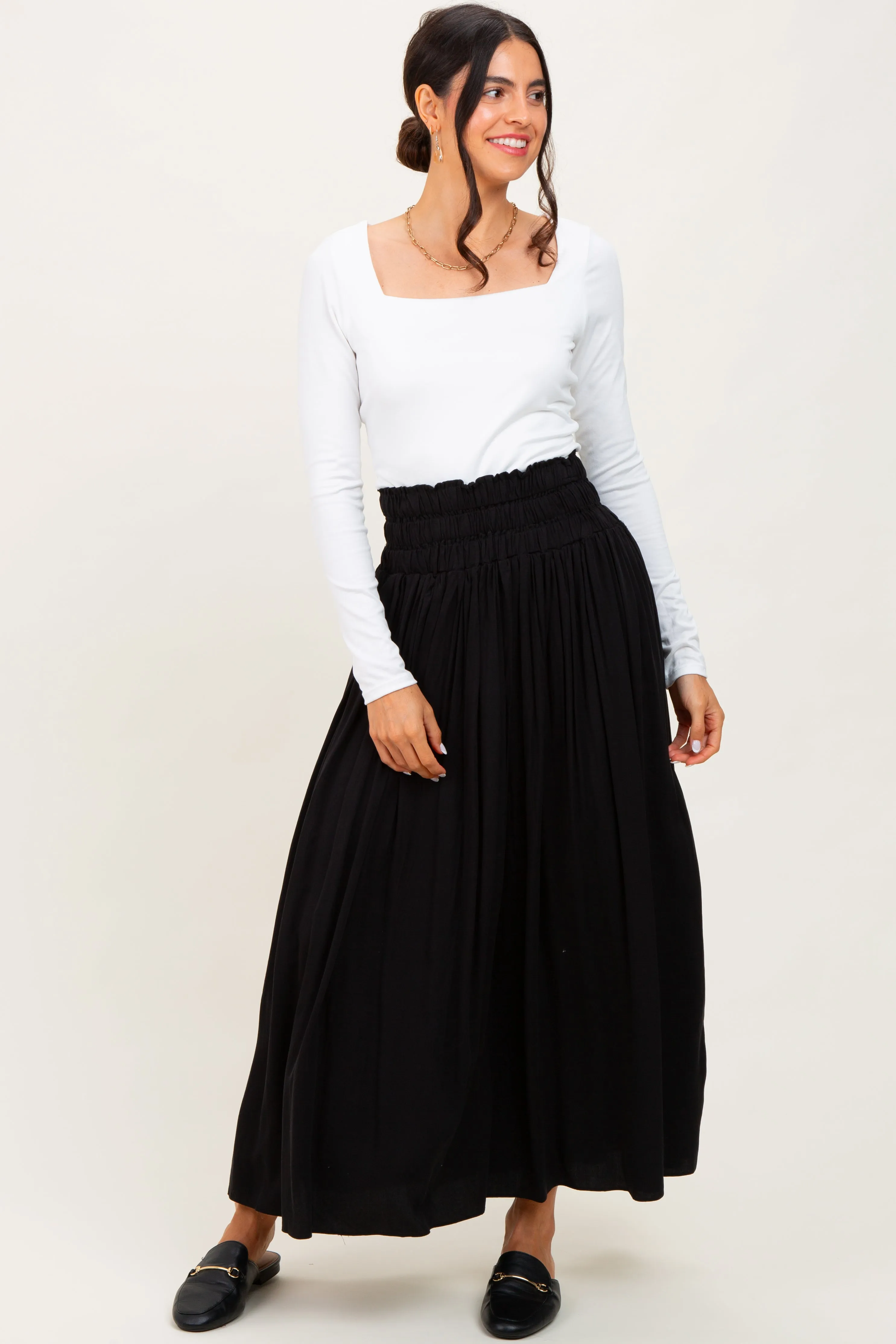 Black Smocked Waistband Pleated Maternity Maxi Skirt sold by Pinkblush product image thumbnail 5