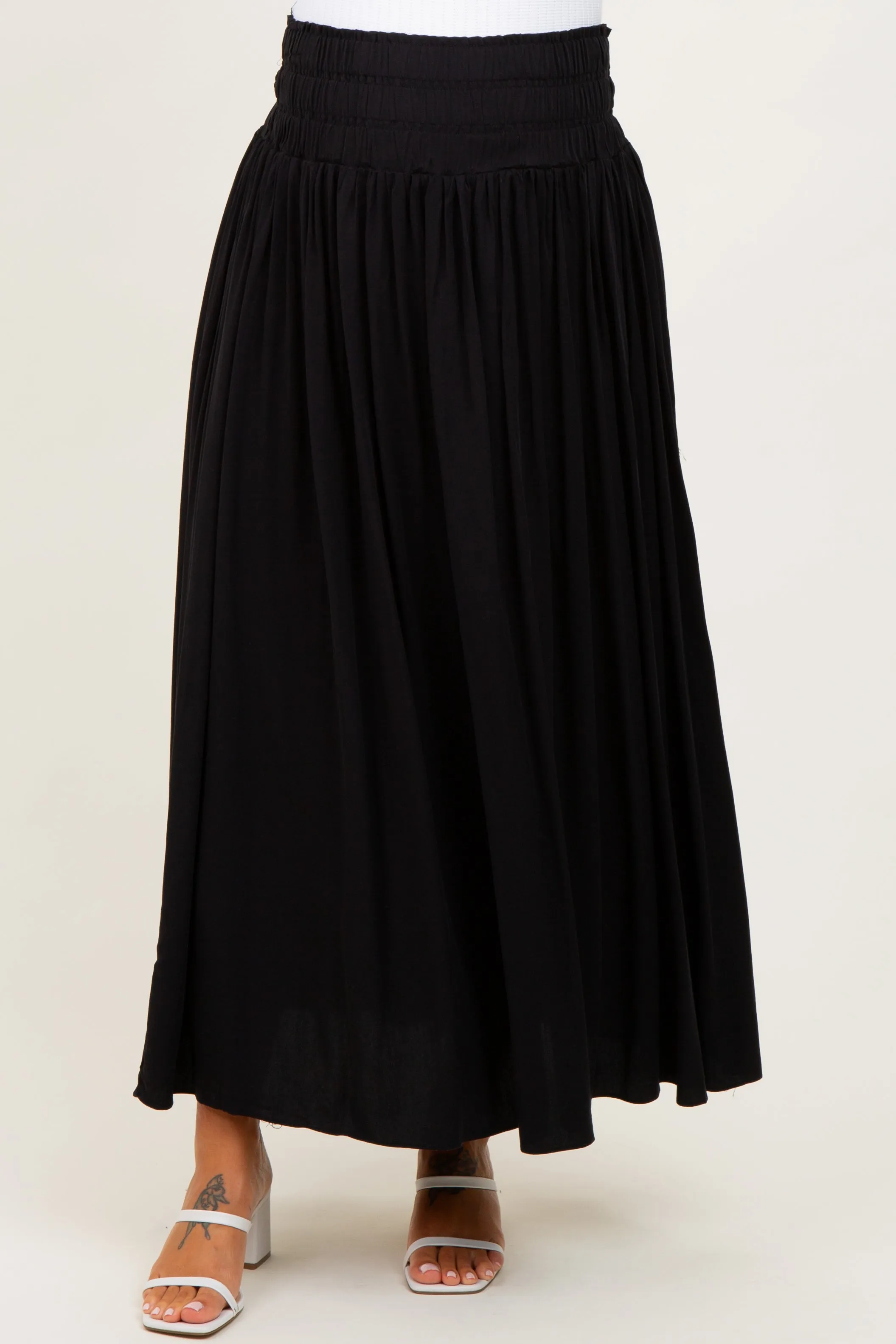Black Smocked Waistband Pleated Maternity Maxi Skirt sold by Pinkblush product image thumbnail 2