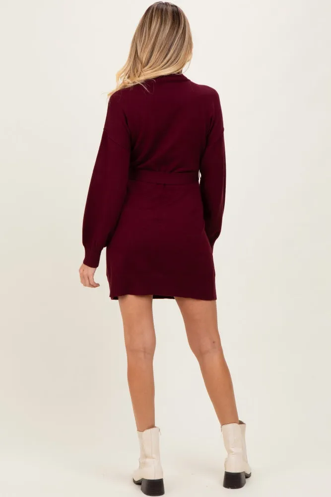 Burgundy Turtleneck Belted Mini Sweater Maternity Dress sold by Pinkblush product image thumbnail 4