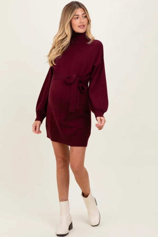 Burgundy Turtleneck Belted Mini Sweater Maternity Dress sold by Pinkblush