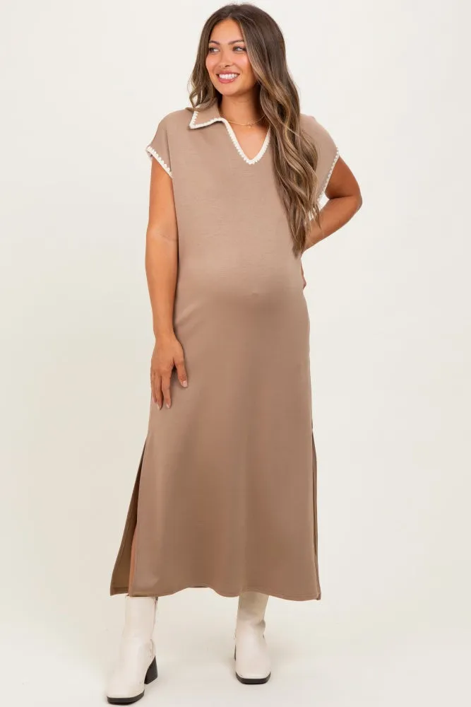 Mocha Collared Stitch Detail Short Sleeve Maternity Midi Dress sold by Pinkblush