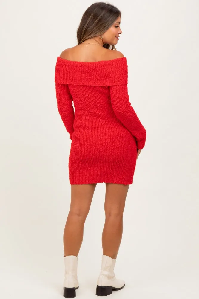Red Off The Shoulder Knit Sweater Maternity Mini Dress sold by Pinkblush product image thumbnail 4
