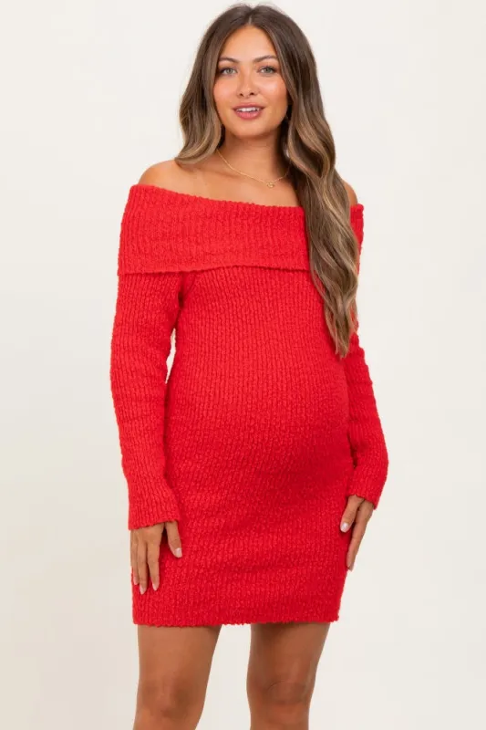 Red Off The Shoulder Knit Sweater Maternity Mini Dress sold by Pinkblush