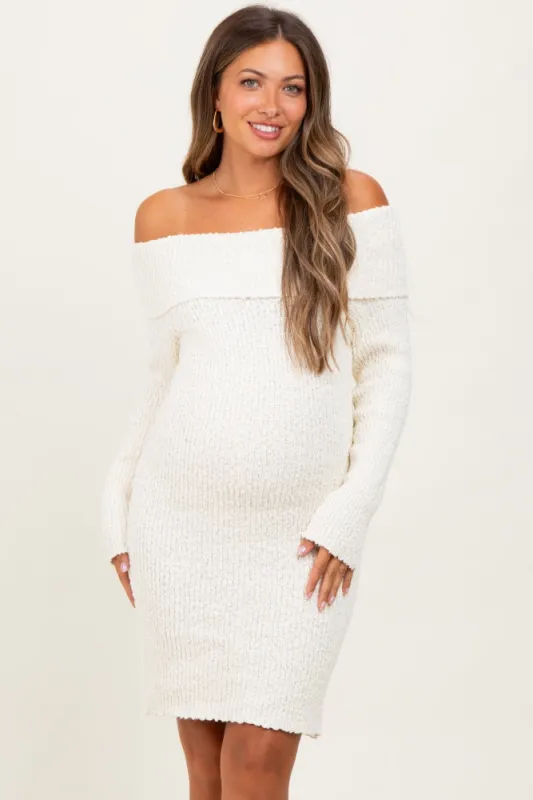 Ivory Off The Shoulder Knit Sweater Maternity Mini Dress sold by Pinkblush
