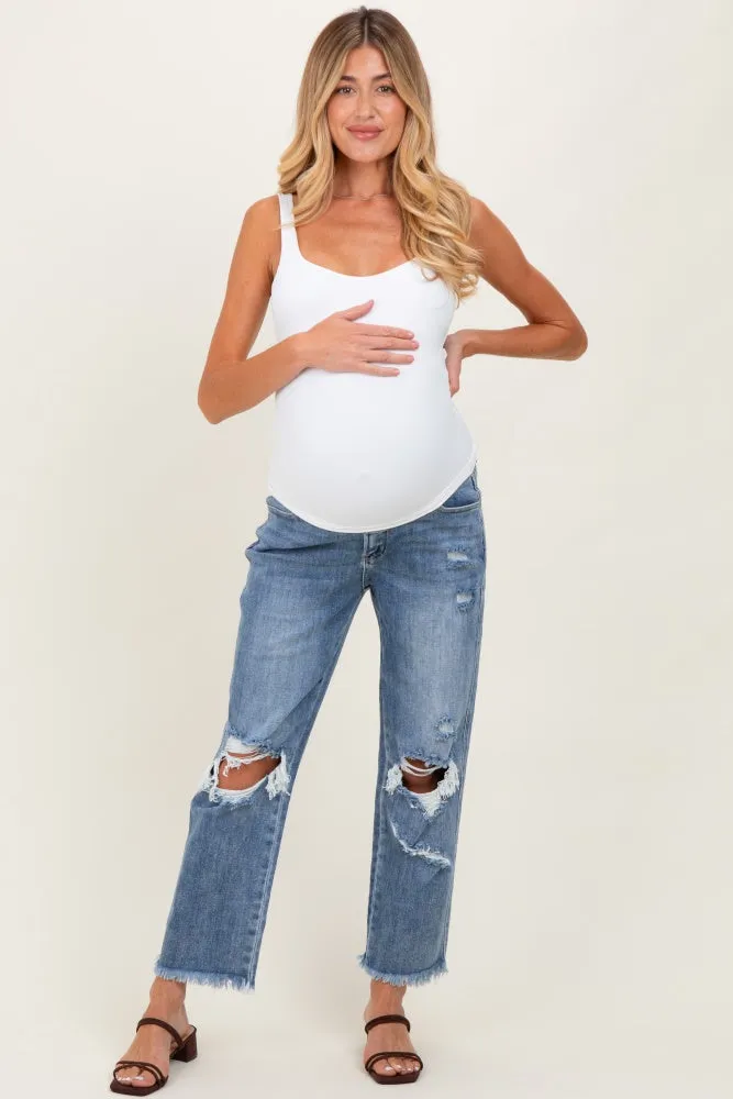 Blue Ripped Knee Fringe Hem Straight Leg Maternity Ankle Jeans sold by Pinkblush product image thumbnail 2