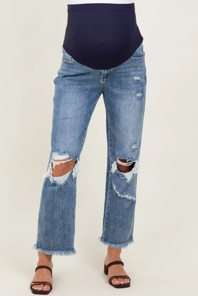 Blue Ripped Knee Fringe Hem Straight Leg Maternity Ankle Jeans sold by Pinkblush product image thumbnail 3