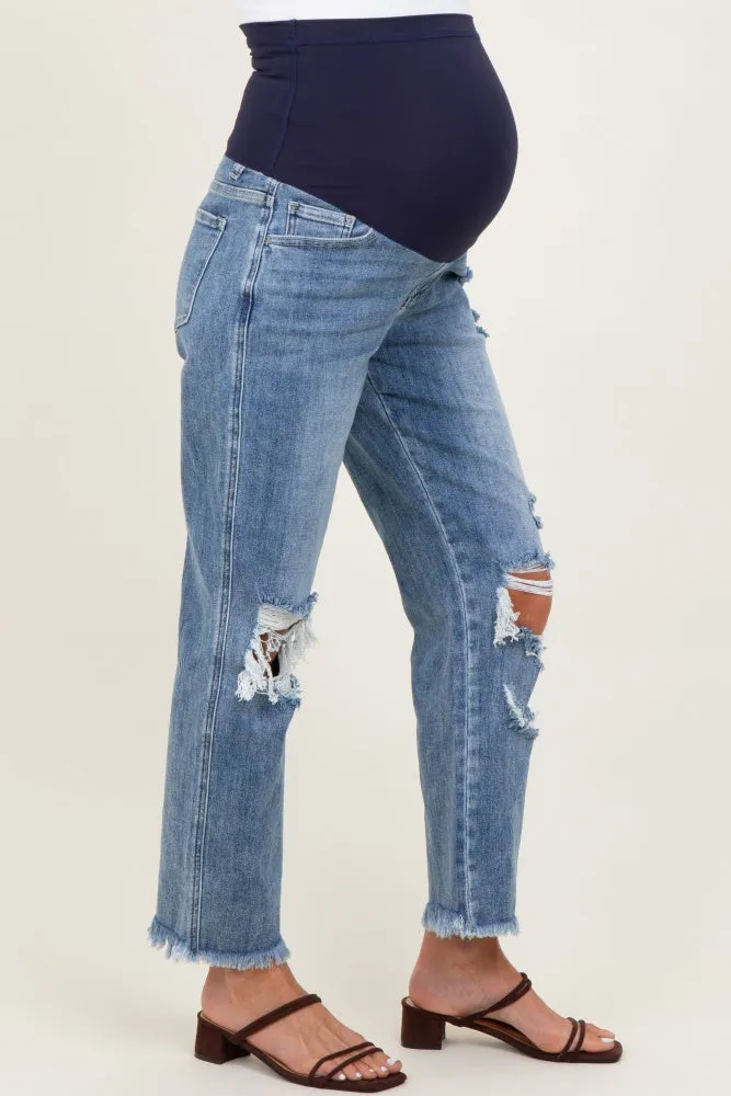 Blue Ripped Knee Fringe Hem Straight Leg Maternity Ankle Jeans sold by Pinkblush product image thumbnail 4