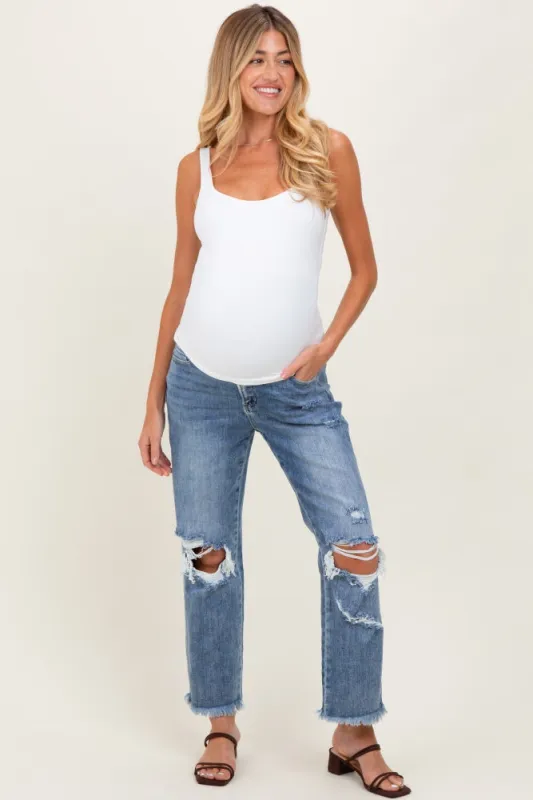Blue Ripped Knee Fringe Hem Straight Leg Maternity Ankle Jeans sold by Pinkblush