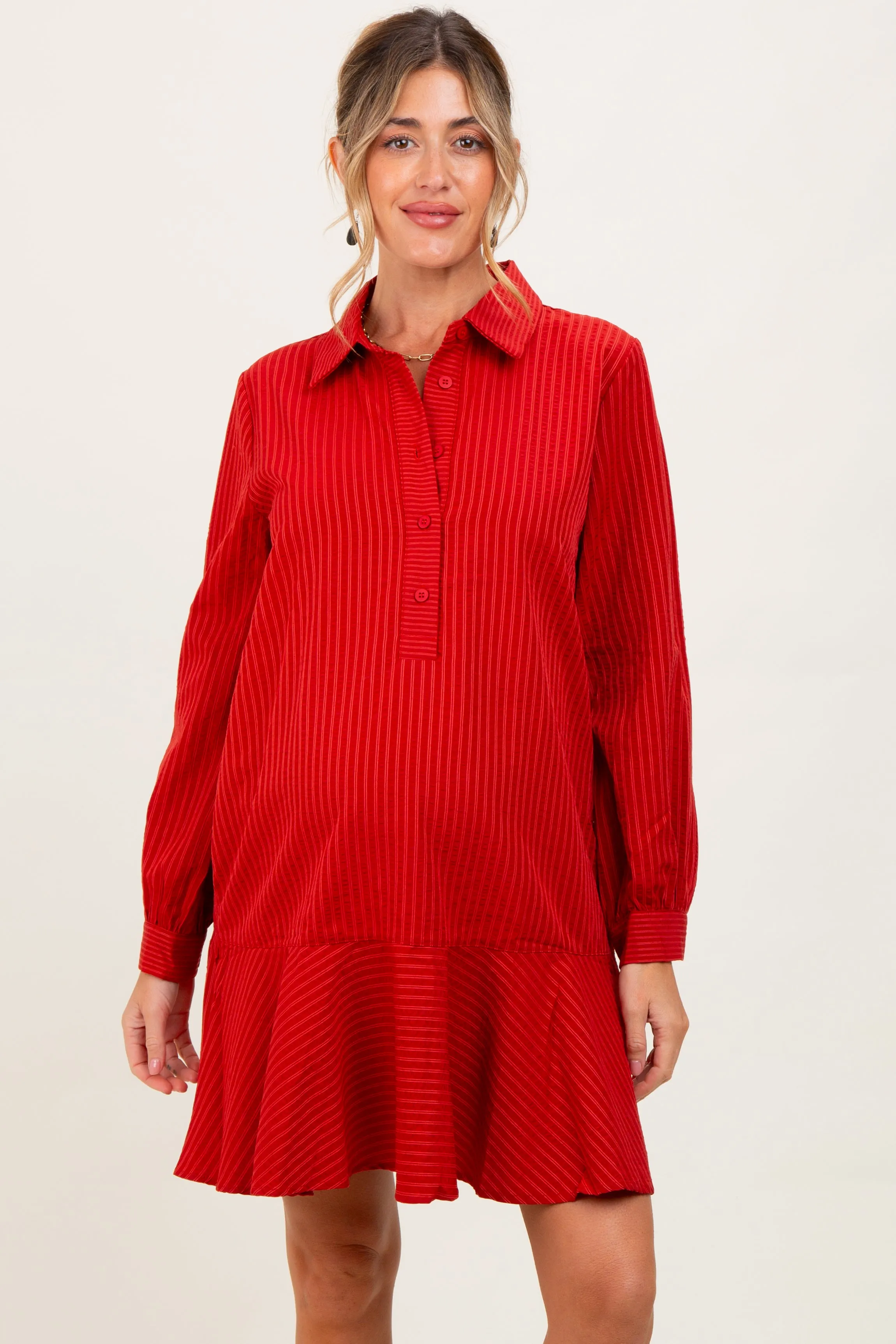 Rust Striped Long Sleeve Drop Waist Maternity Polo Dress sold by Pinkblush product image thumbnail 2
