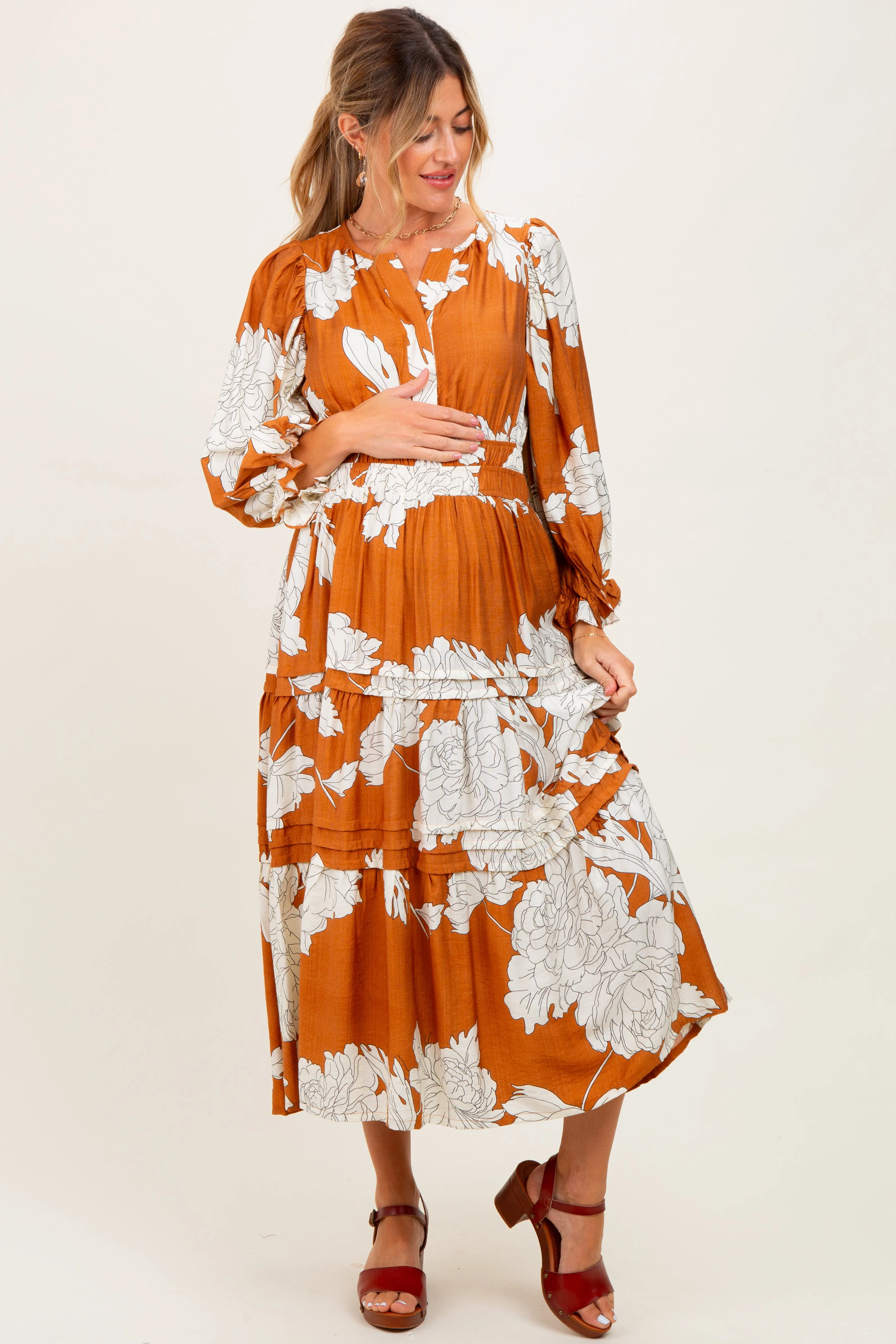 Camel Floral Long 3/4 Sleeve Tiered Maternity Midi Dress sold by Pinkblush product image thumbnail 2