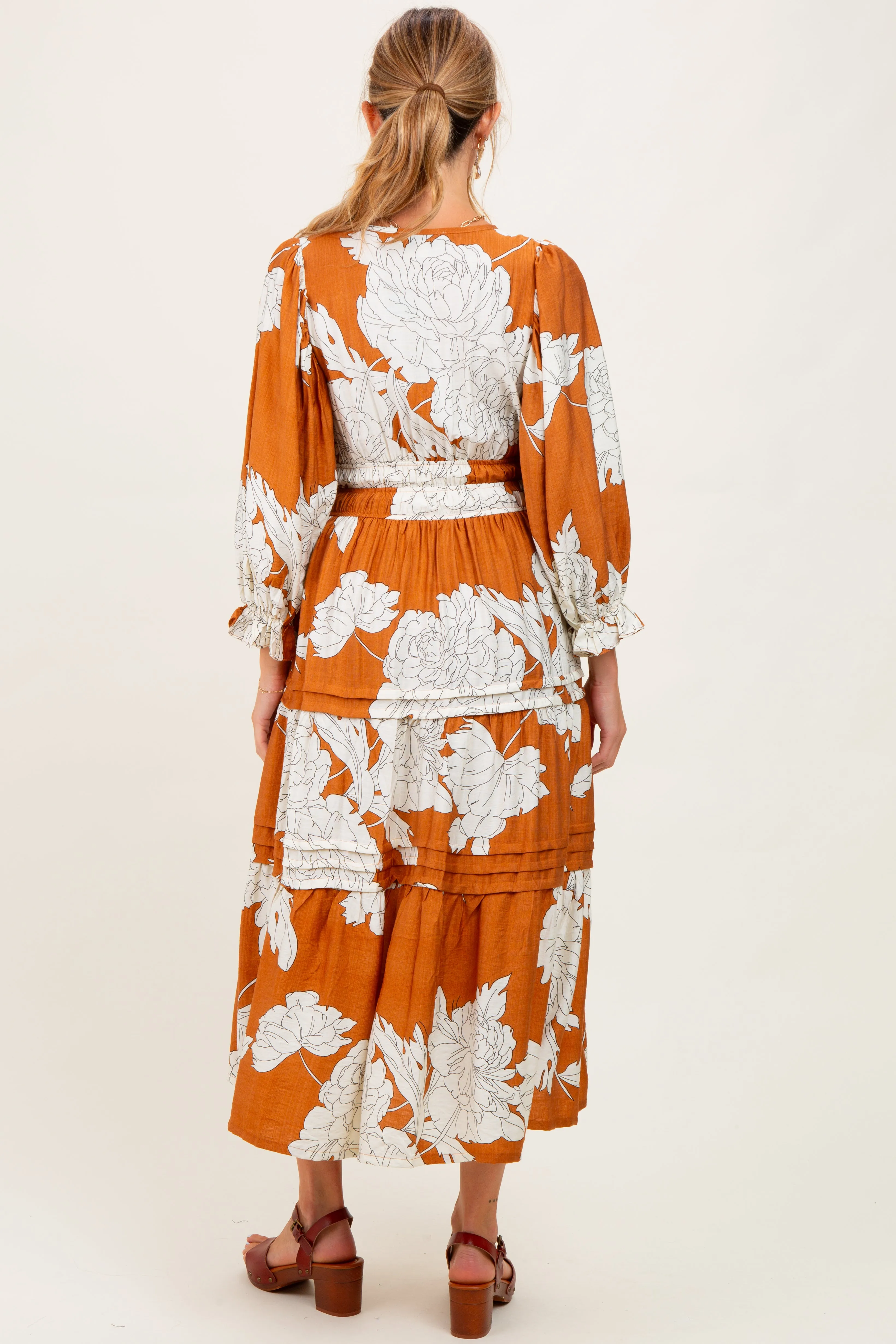 Camel Floral Long 3/4 Sleeve Tiered Maternity Midi Dress sold by Pinkblush product image thumbnail 4