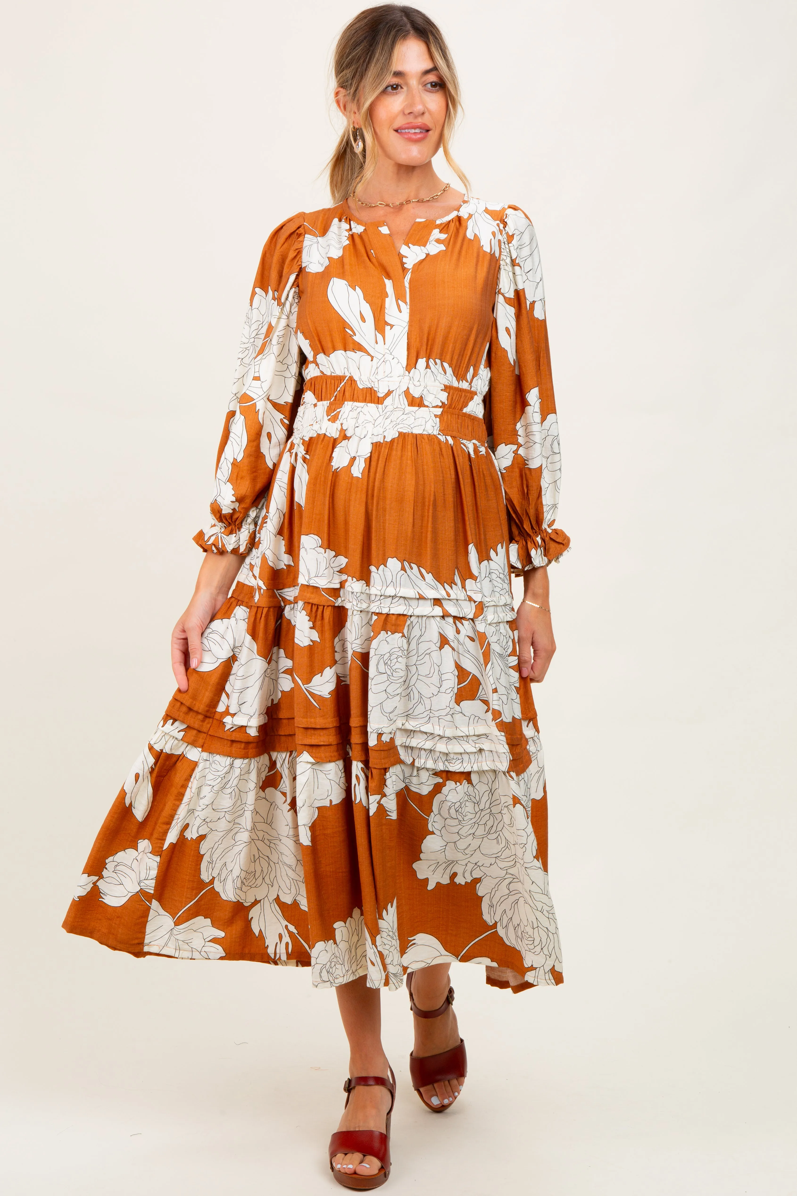 Camel Floral Long 3/4 Sleeve Tiered Maternity Midi Dress sold by Pinkblush