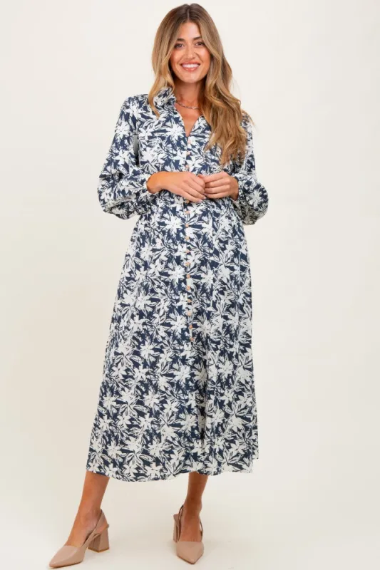 Navy Floral Button Down Long Sleeve Maternity Midi Dress sold by Pinkblush