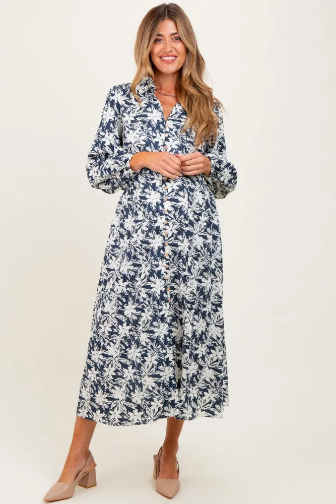 Navy Floral Button Down Long Sleeve Maternity Midi Dress sold by Pinkblush