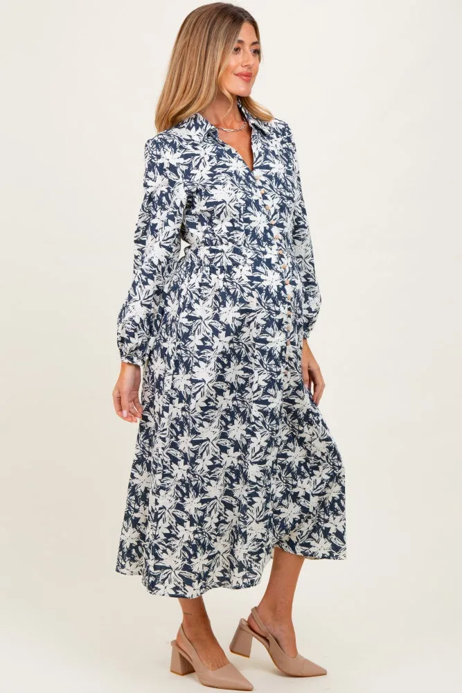 Navy Floral Button Down Long Sleeve Maternity Midi Dress sold by Pinkblush product image thumbnail 2