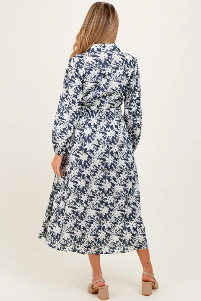 Navy Floral Button Down Long Sleeve Maternity Midi Dress sold by Pinkblush product image thumbnail 3