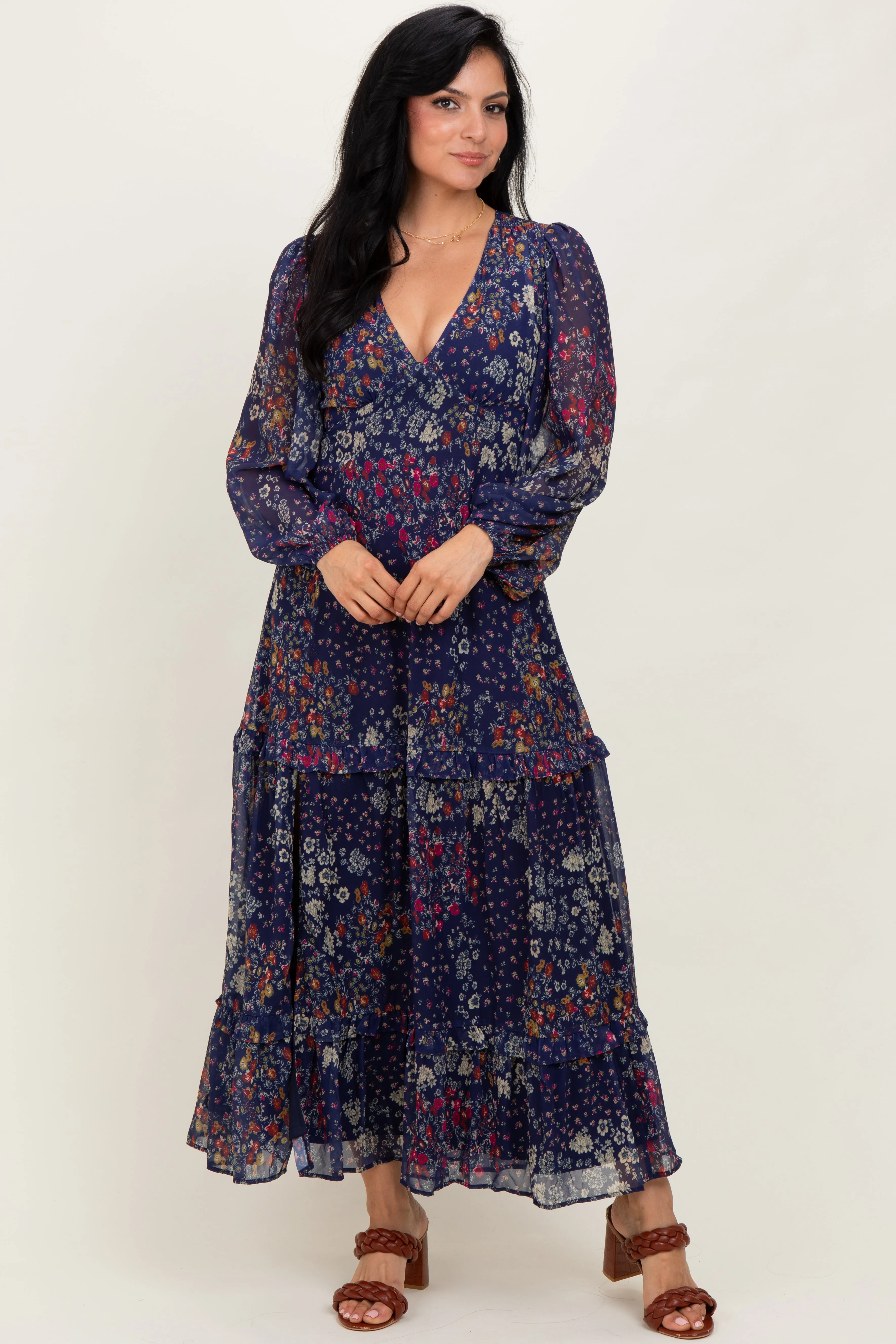 Navy Floral Chiffon V-Neck Long Sleeve Maxi Dress sold by Pinkblush product image thumbnail 2