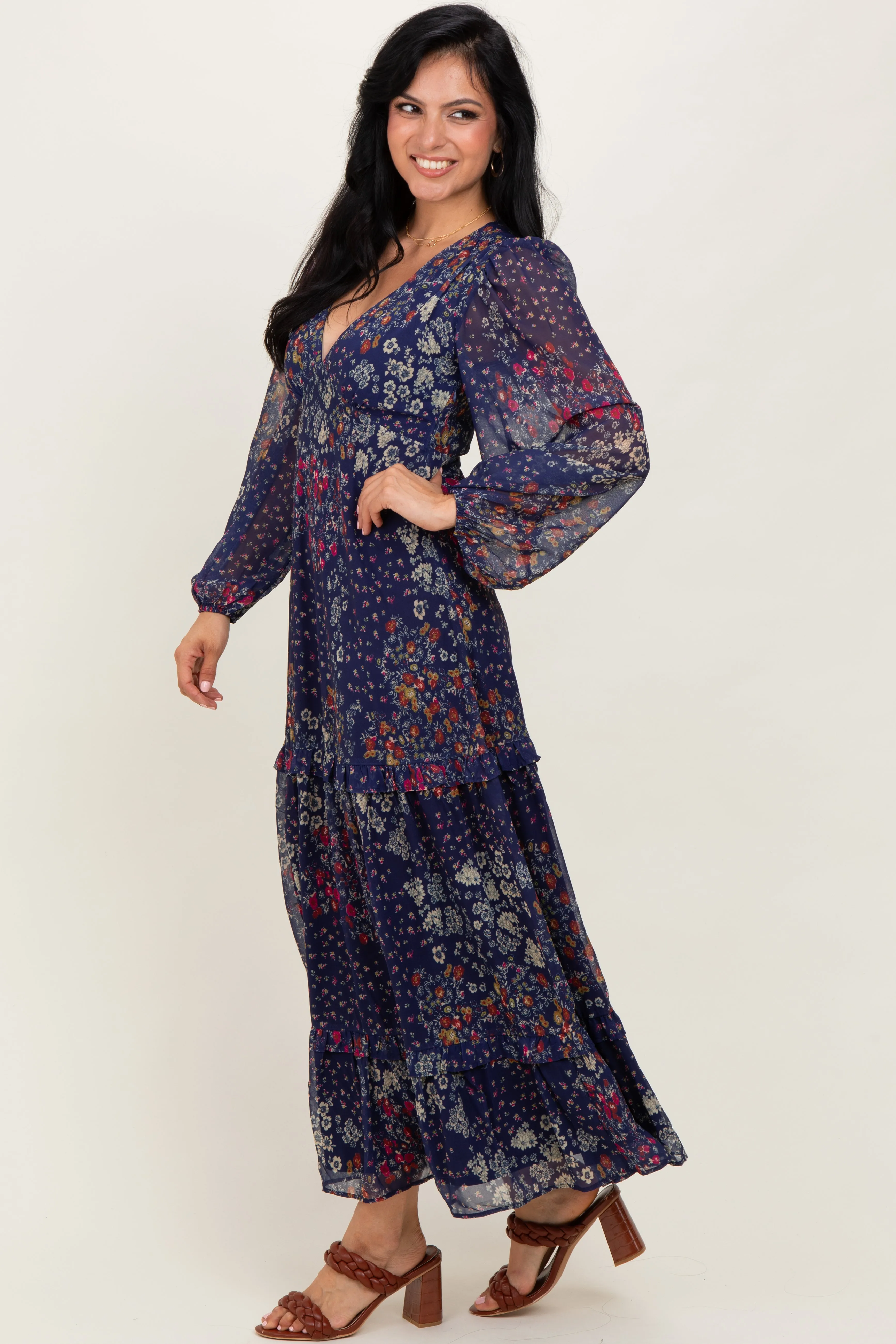 Navy Floral Chiffon V-Neck Long Sleeve Maxi Dress sold by Pinkblush product image thumbnail 3