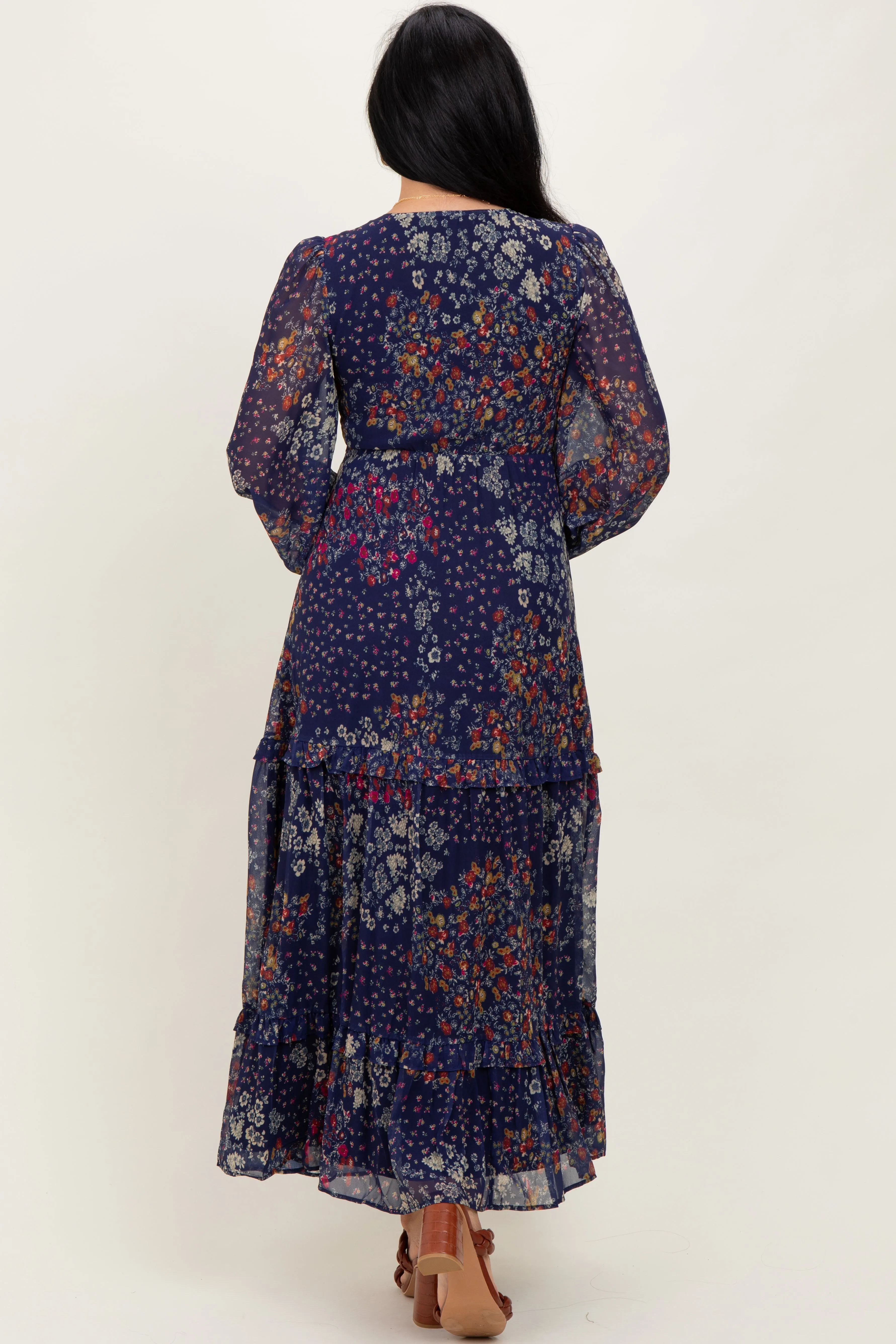 Navy Floral Chiffon V-Neck Long Sleeve Maxi Dress sold by Pinkblush product image thumbnail 4
