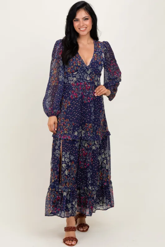 Navy Floral Chiffon V-Neck Long Sleeve Maxi Dress sold by Pinkblush
