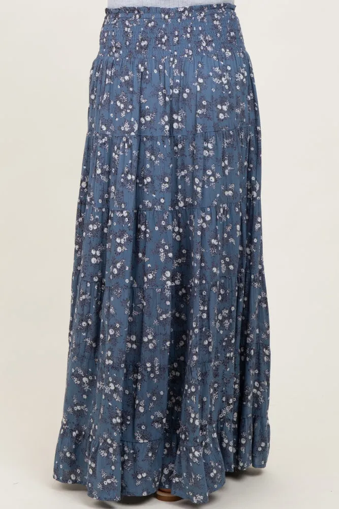 Blue Floral Smocked Waist Tiered Maxi Skirt sold by Pinkblush product image thumbnail 5