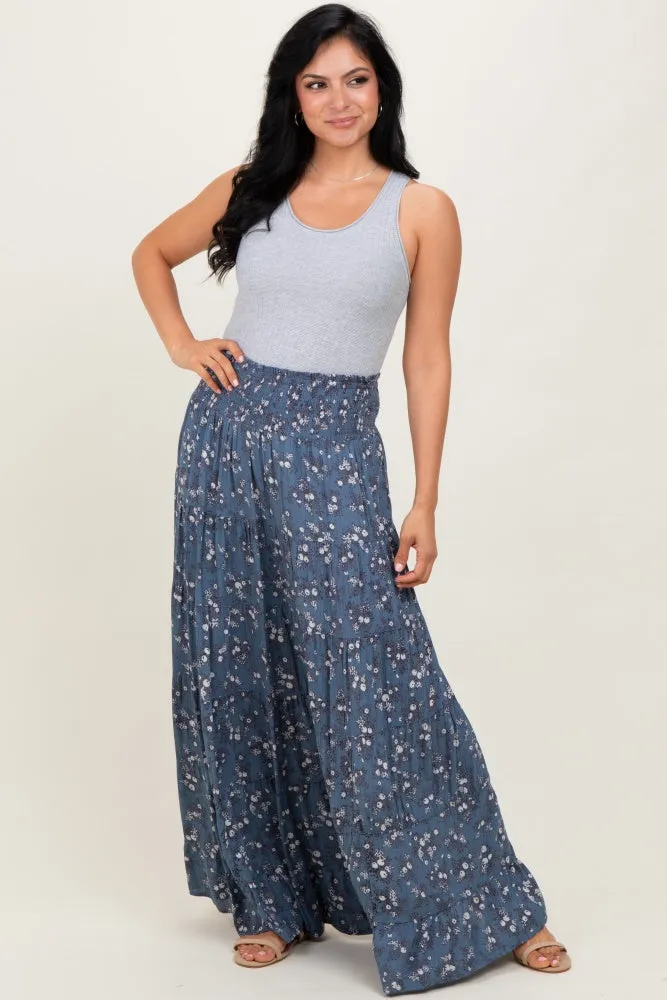 Blue Floral Smocked Waist Tiered Maxi Skirt sold by Pinkblush product image thumbnail 2