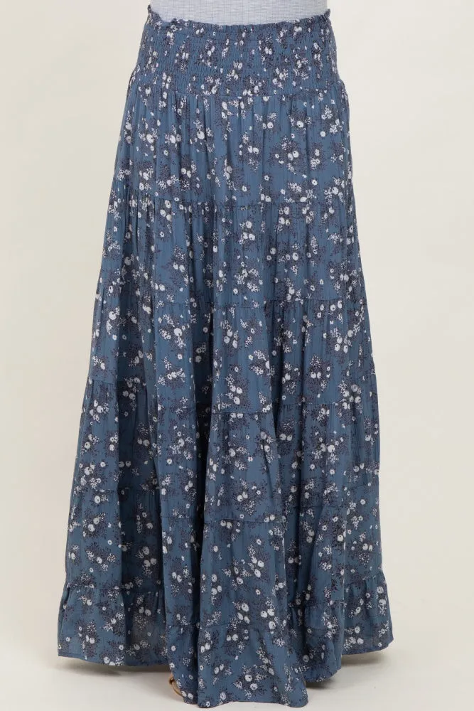 Blue Floral Smocked Waist Tiered Maxi Skirt sold by Pinkblush product image thumbnail 3