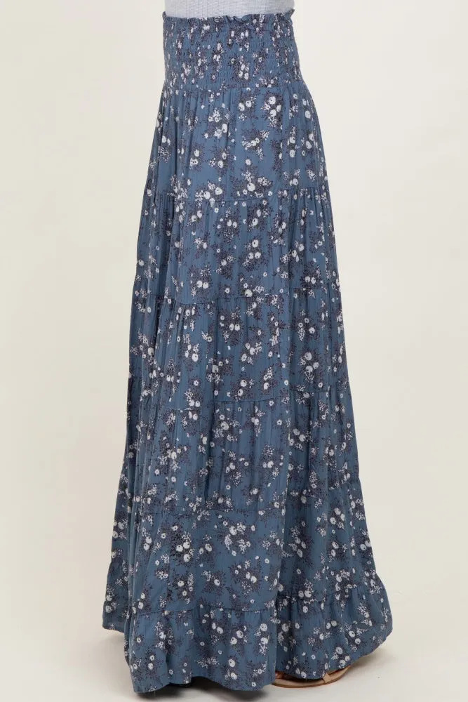 Blue Floral Smocked Waist Tiered Maxi Skirt sold by Pinkblush product image thumbnail 4