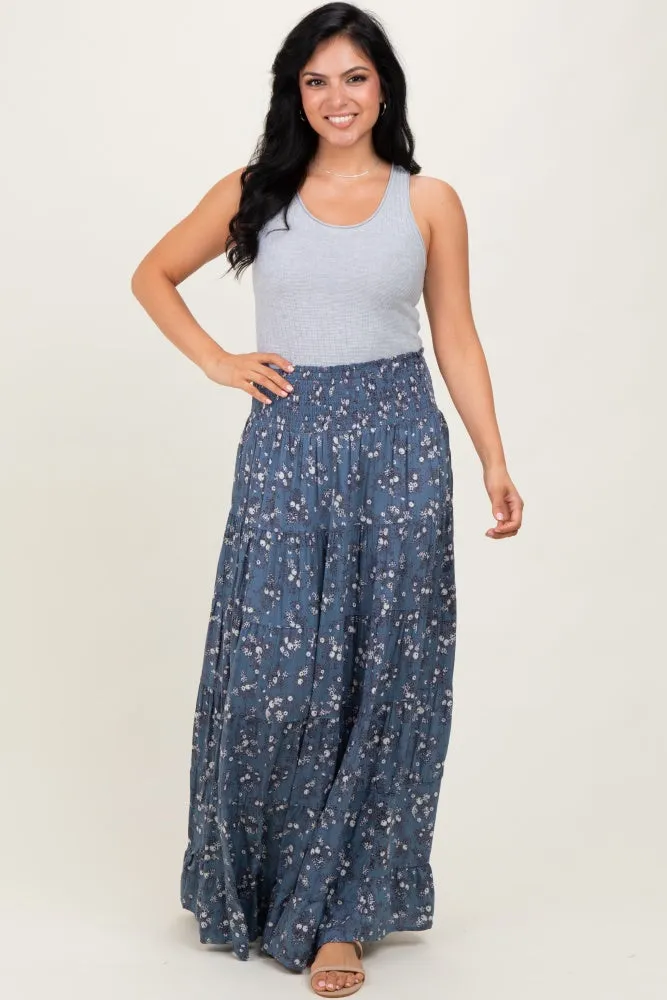 Blue Floral Smocked Waist Tiered Maxi Skirt sold by Pinkblush