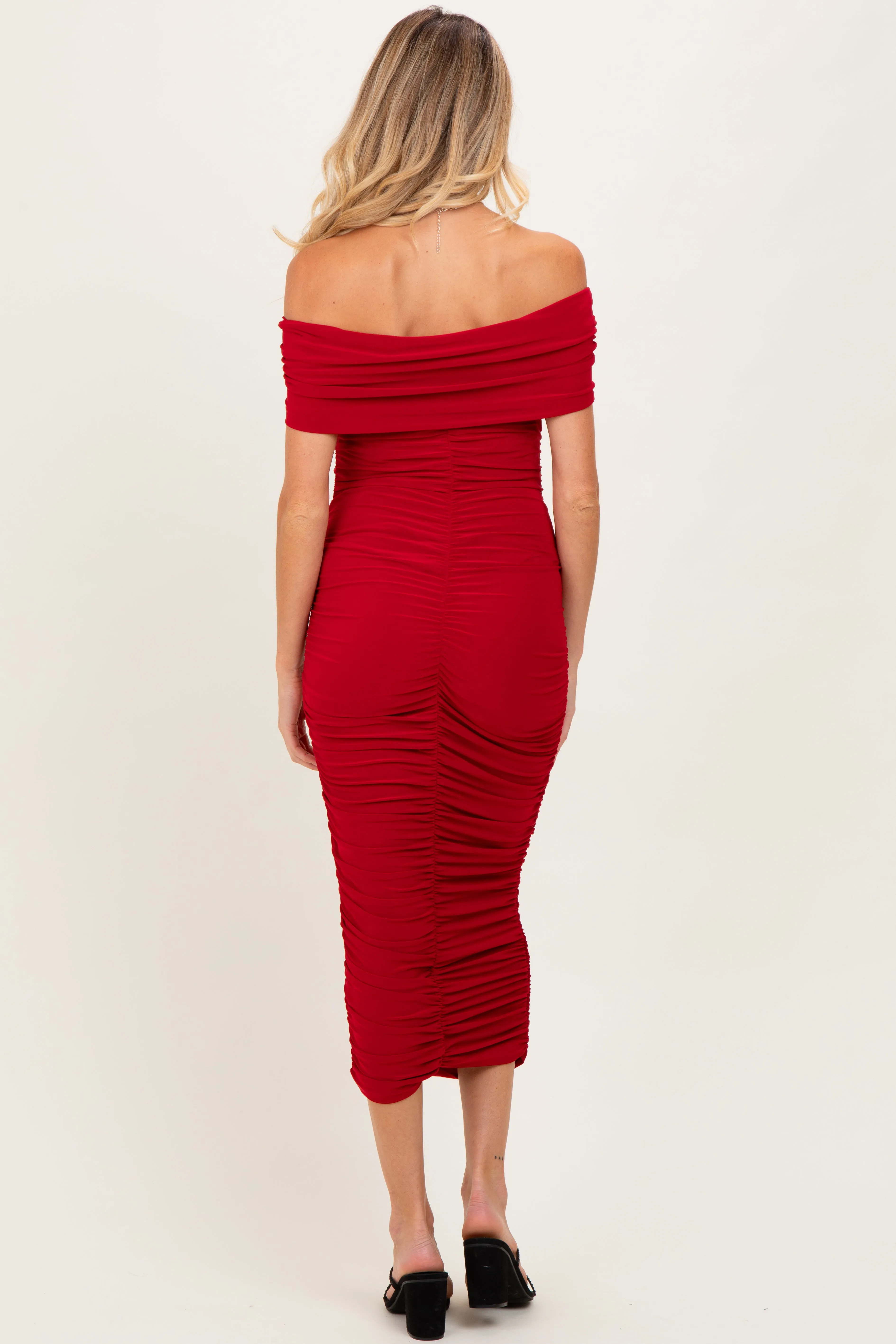 Red Off Shoulder Ruched Maternity Midi Dress sold by Pinkblush product image thumbnail 3