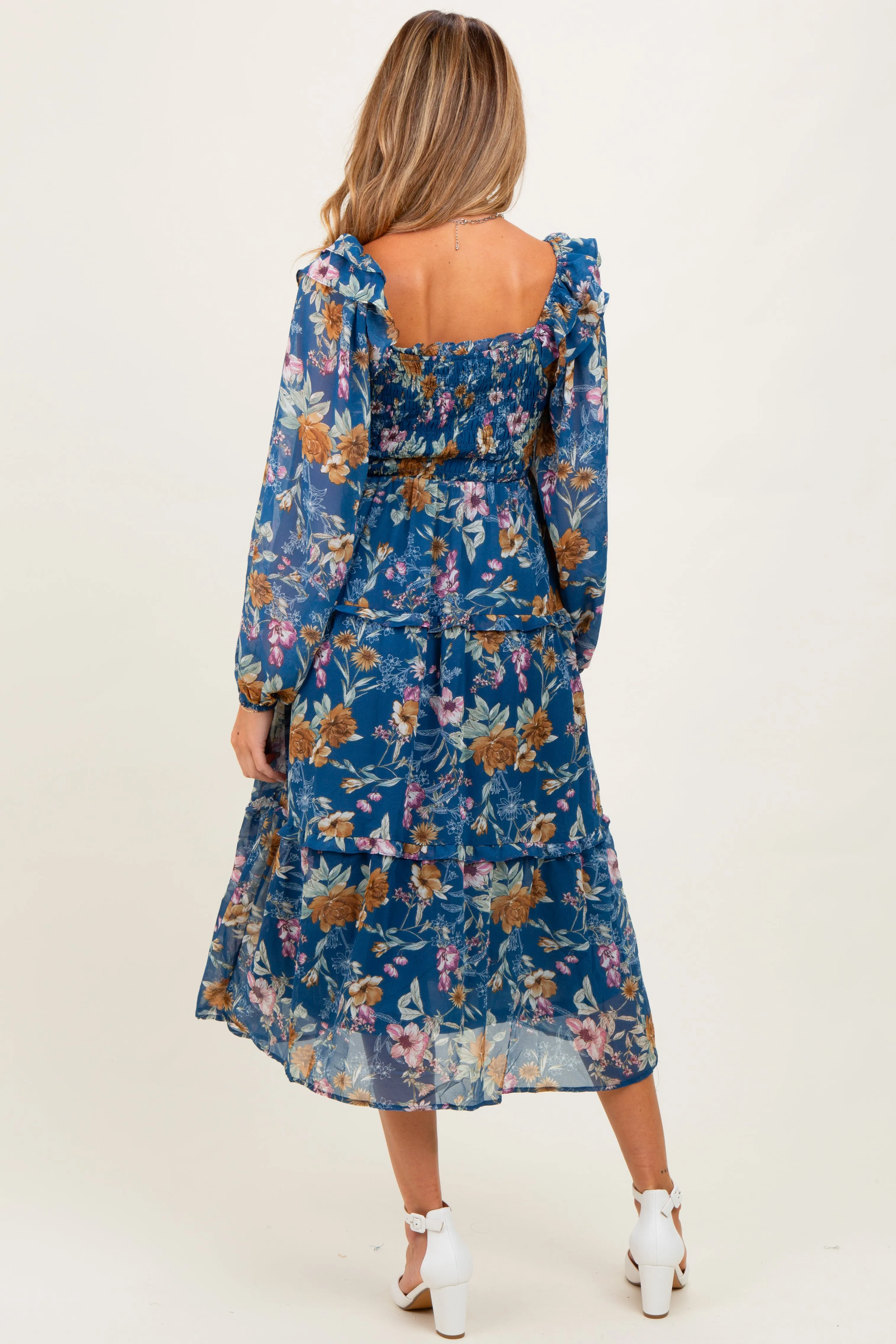 Navy Floral Chiffon Smocked Ruffle Tiered Maternity Midi Dress sold by Pinkblush product image thumbnail 4