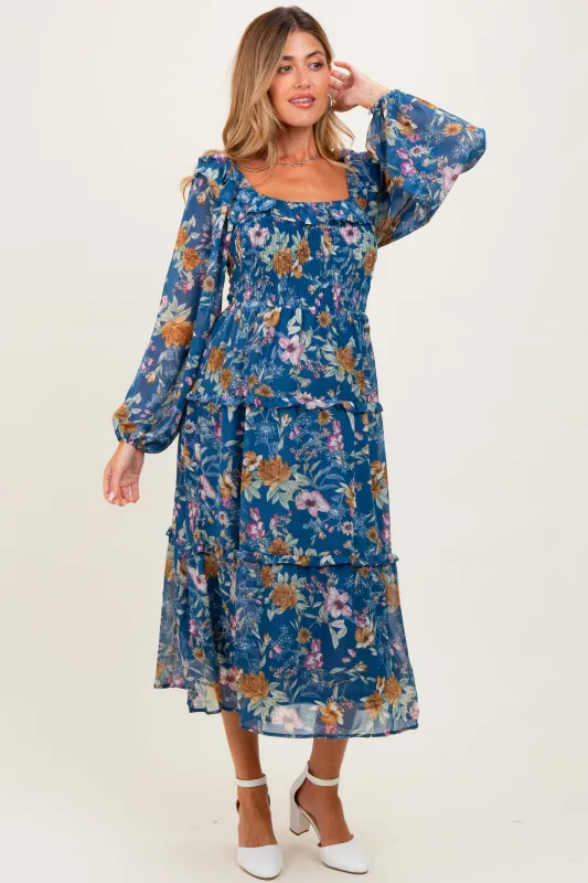 Navy Floral Chiffon Smocked Ruffle Tiered Maternity Midi Dress sold by Pinkblush