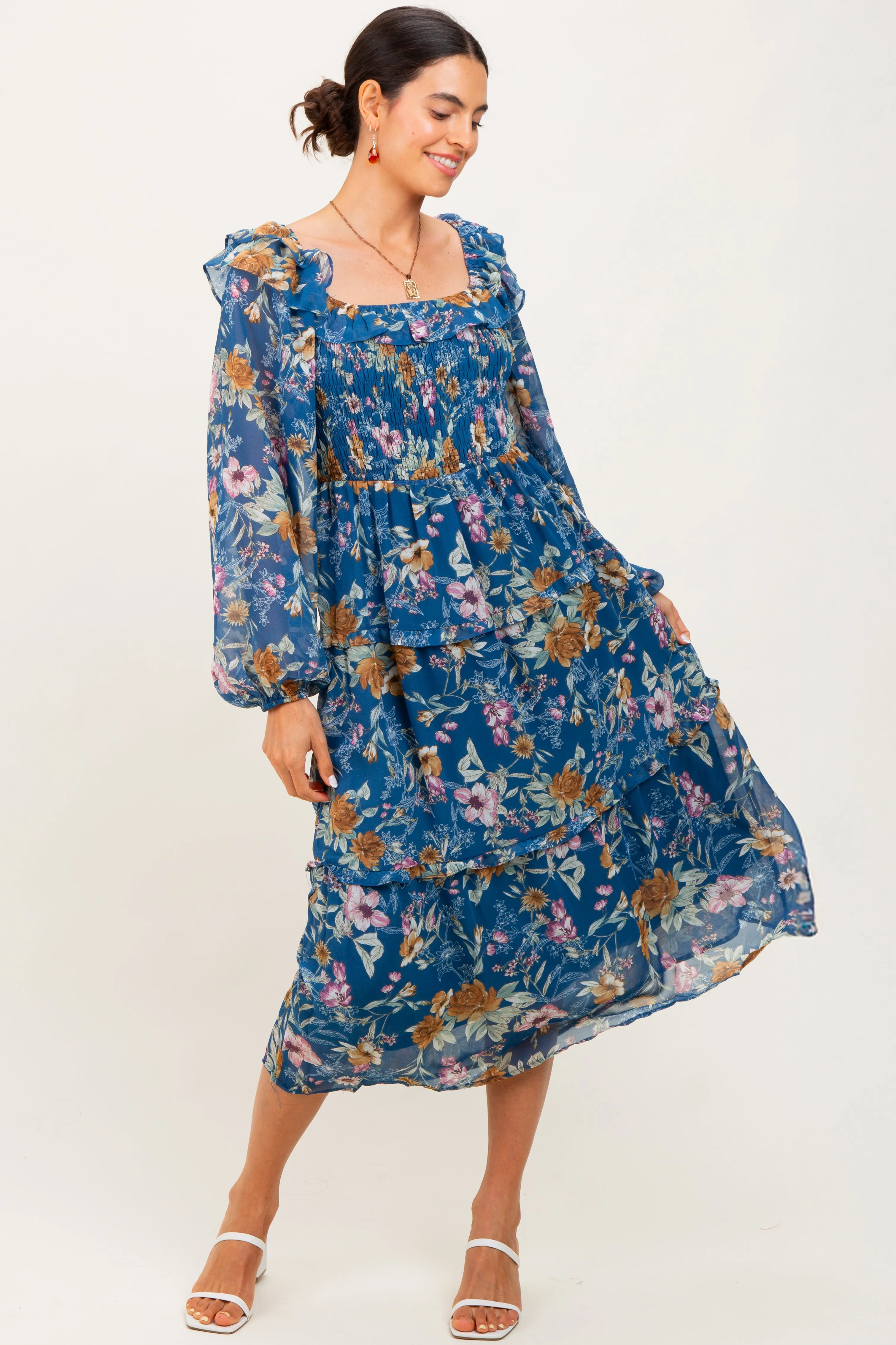 Navy Floral Chiffon Smocked Ruffle Tiered Maternity Midi Dress sold by Pinkblush product image thumbnail 5