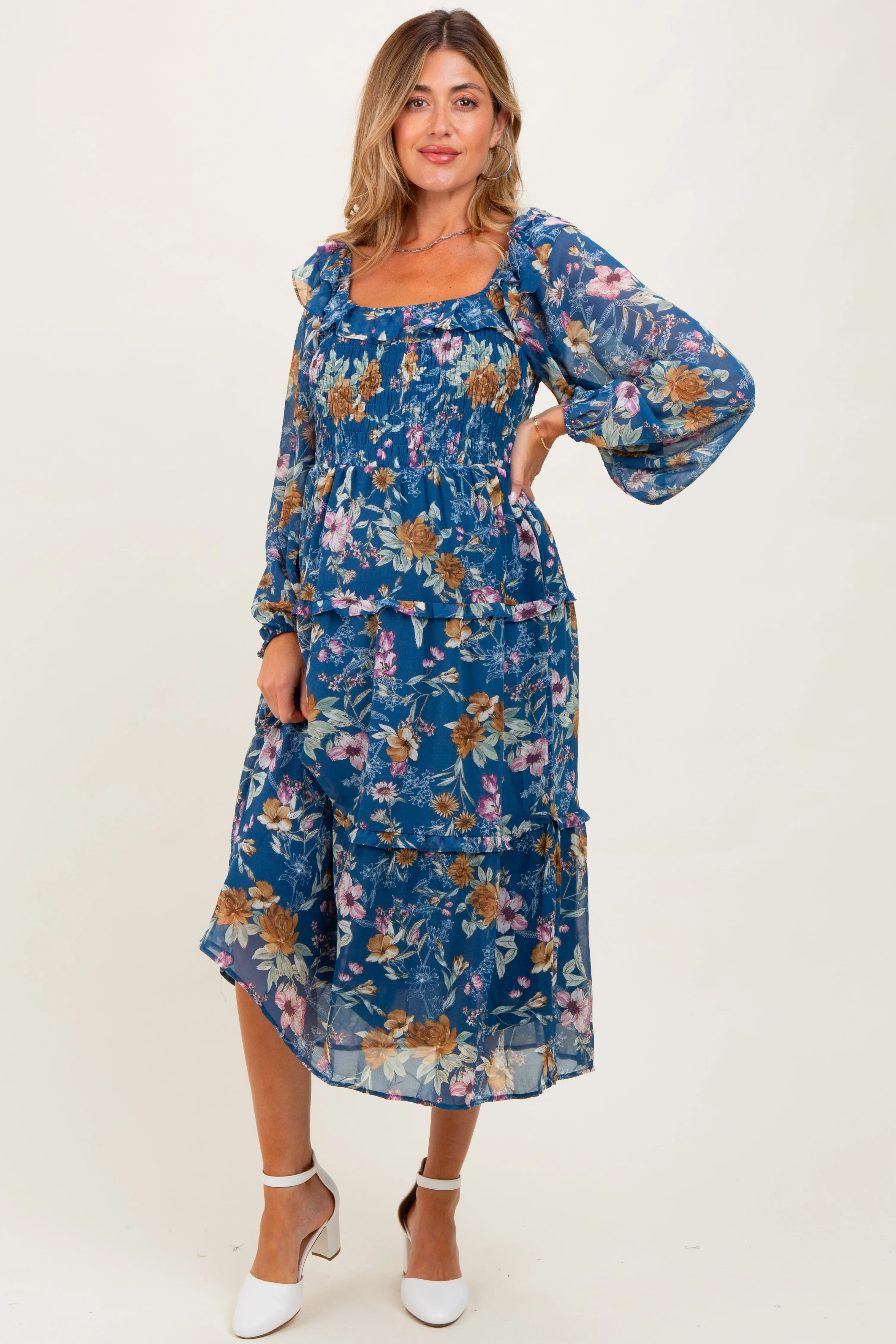 Navy Floral Chiffon Smocked Ruffle Tiered Maternity Midi Dress sold by Pinkblush product image thumbnail 2