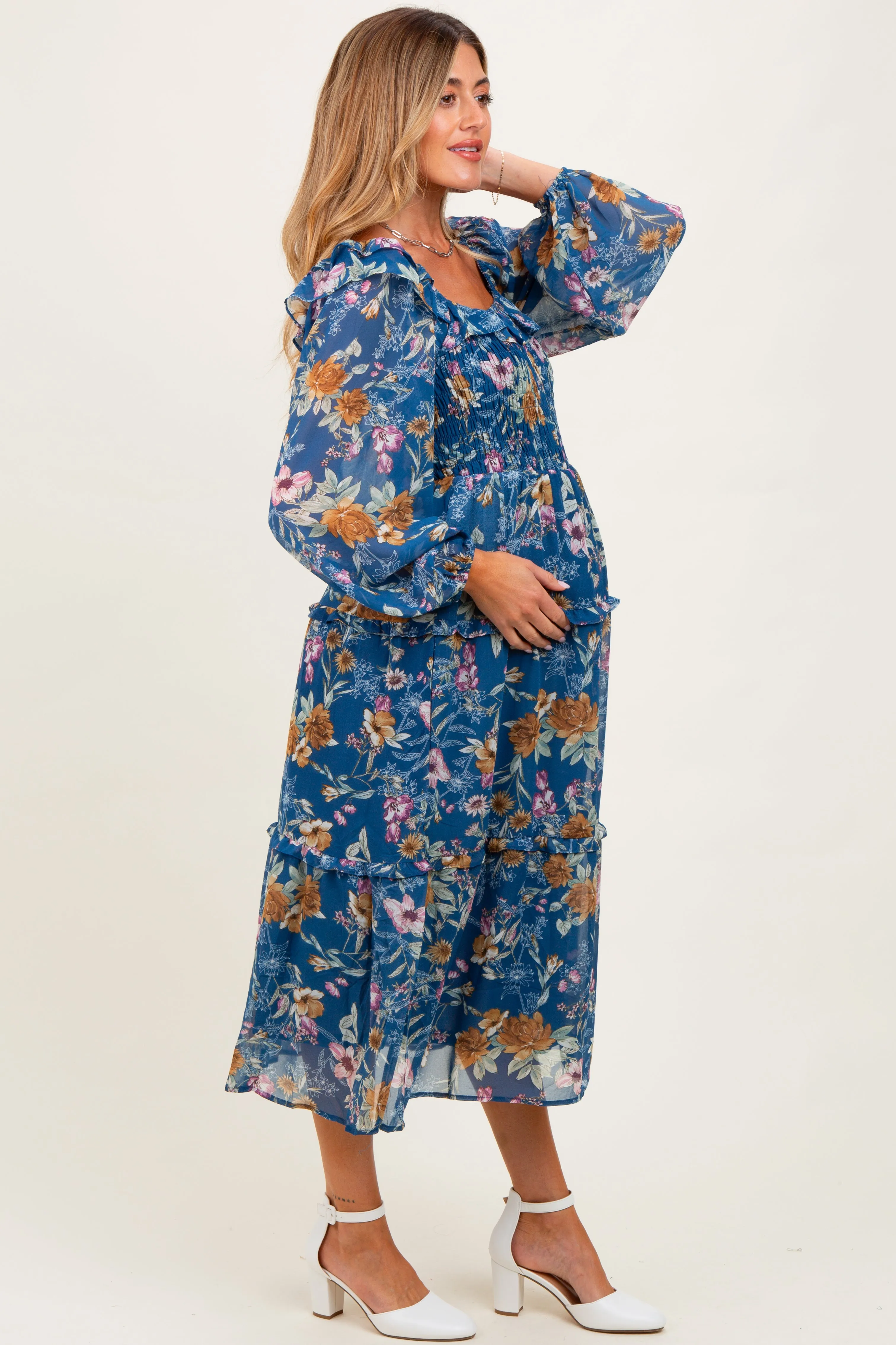 Navy Floral Chiffon Smocked Ruffle Tiered Maternity Midi Dress sold by Pinkblush product image thumbnail 3