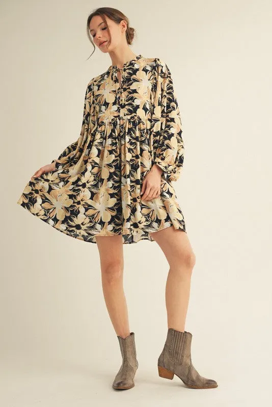 Black Floral Front Tie Bubble Sleeve Mini Dress sold by Pinkblush product image thumbnail 4