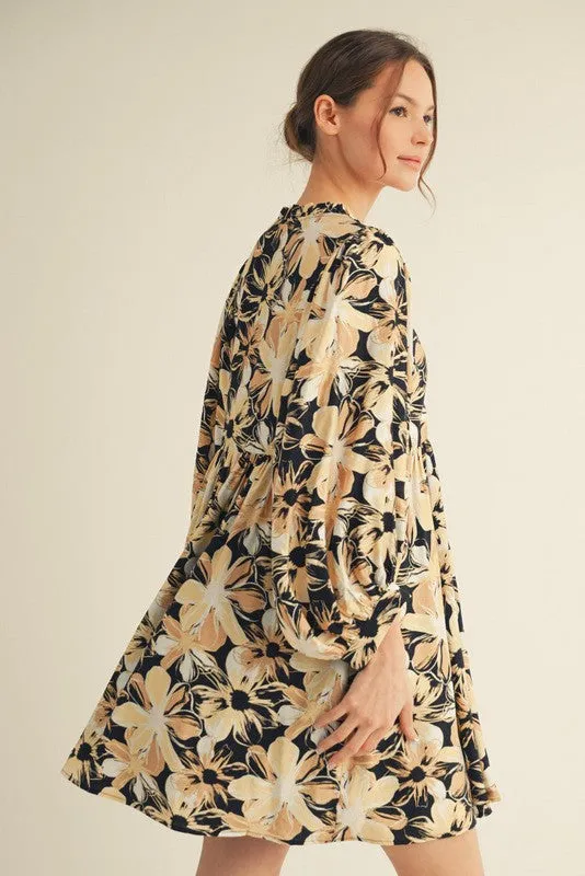Black Floral Front Tie Bubble Sleeve Mini Dress sold by Pinkblush product image thumbnail 2