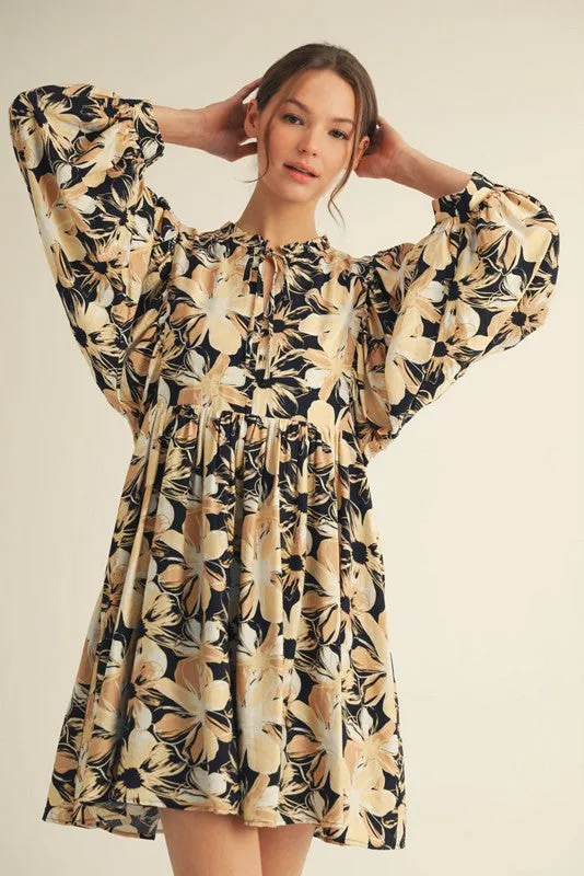 Black Floral Front Tie Bubble Sleeve Mini Dress sold by Pinkblush product image thumbnail 3