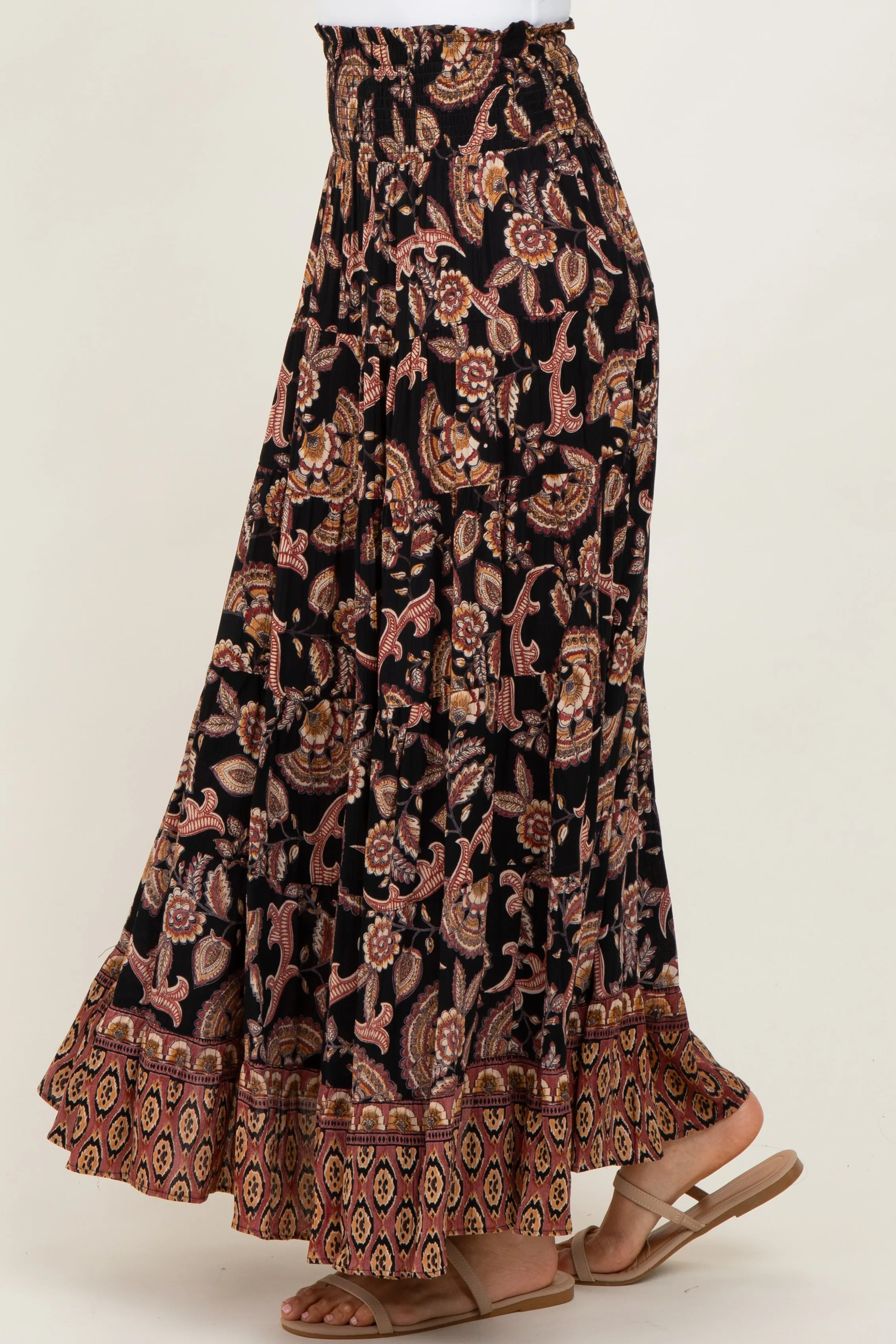 Black Paisley Smocked Waist Tiered Maxi Skirt sold by Pinkblush product image thumbnail 4